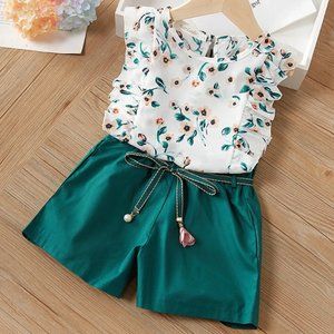 Two Piece Floral Top with Green Shorts